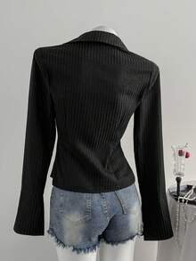 SHEIN PETITE American College Style Commuter High-Waisted Versatile Design Fitted Long Sleeve Blouse Top For Women, Autumn/Winter - Black - View 2