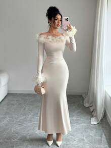 SHEIN Elenzya Women's Knit Off Shoulder Long Sleeve Dress With Side Ruching And 3D Floral Decor, Elegant For Daily, Commute, Fashion, French Street Style, Vintage, Versatile, Party, Holiday, Business, Apricot, Autumn/Winter - Apricot - View 4