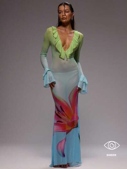 SHEIN x Eduarda Gutierrez MUSERA Robe maxi élégante à volants avec imprimé floral, manches à volants, décolleté plongeant, pour le printemps, l'été, les vacances, les mariages, les invités, les vacances à Ibiza, la plage, les anniversaires, l'été et la baignade