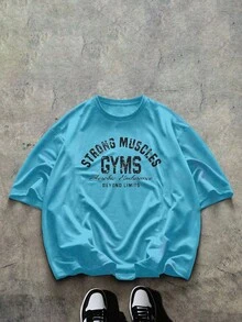 Gym Rark 男士字母印花圆领短袖运动T恤，夏季 - 淺藍色 - 查看 1