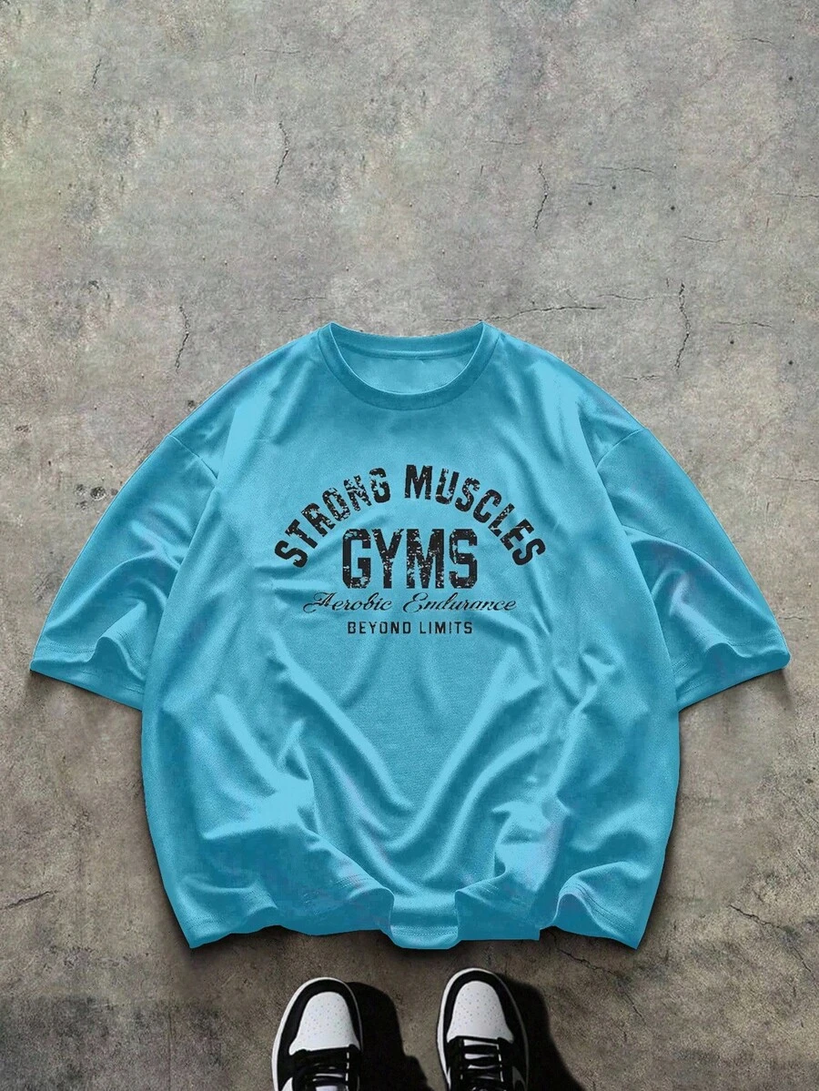 Gym Rark 男士字母印花圆领短袖运动T恤,夏季 - 淺藍色 - 查看 1