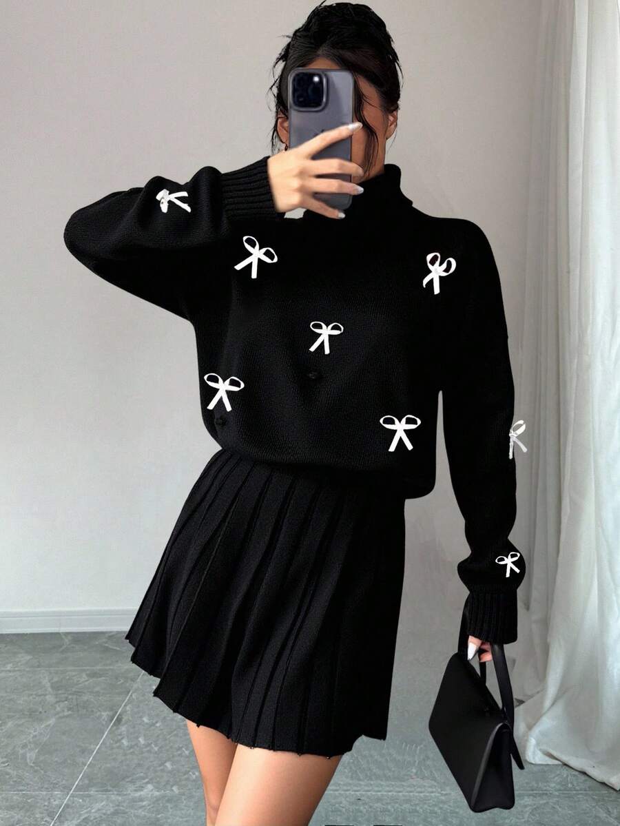 EURMUSE Women Solid Color Pom Pom Detailed Ribbon Accessory Pullover & Pleated Sweater Skirt,Loungewear Set,Winter Clothes - Grey - View 1
