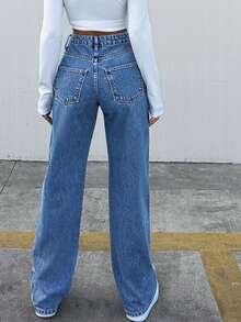 SHEIN Tall Jeans rectos de 100% algodón para mujer, talla alta - Azul - Ver 2