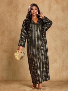 Brilight 女士休闲烫金条纹宽松外套正装衬衫连衣裙日常休闲外出适合所有场合 - 黑色 - 查看 5