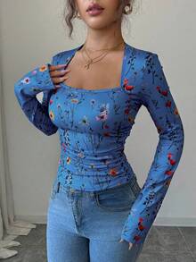 Elenzga 女士优雅 U 领花卉印花褶皱腰长袖 T 恤上衣，适合女性日常生活、派对、通勤、秋冬季 - 藍色 - 查看 3