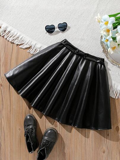 Falda plisada de cintura alta de estilo francés vintage para niñas, de piel de PU, de moda y versátil