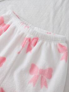 2 件套女童蝴蝶结和心形印花羊毛长袖上衣和裤子休闲舒适睡衣套装 - 彩色 - 查看 4