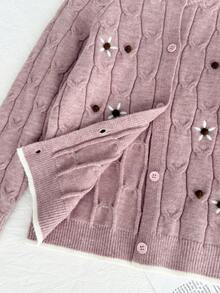 Tween Mädchen Cardigan mit Raglanärmeln, Blumenstickerei und Zopfmuster, lässiger Alltagsartikel für den Herbst