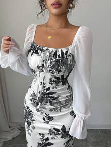 Elenzga 新款女式方领蝴蝶结雪纺泡泡袖设计连衣裙，适合约会、聚会、日常穿着，收腰，修身，优雅，青春，长裙，适合春、夏、秋季 - 黑色 - 查看 5