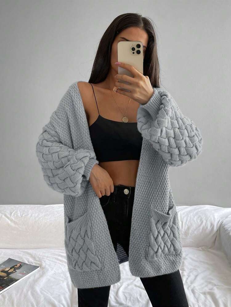 SHEIN Dual Pocket Drop Shoulder Open Front Cardigan - Grey - View 3