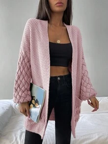 EURMUSE Dual Pocket Drop Shoulder Open Front Cardigan - Pink - View 4