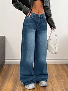 EURMUSE Low Waist Wash Detailed Wideleg Jean - Dusty Blue - View 5