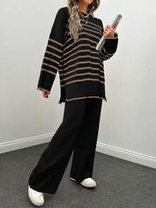 2pcs Women Casual Everyday Loose Drop Shoulder Striped Pullover Sweater And Straight Knit Pants Set - Black - View 5
