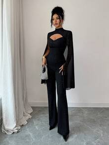 SHEIN Elenzya Women's Glittery Cape Sleeve Fashionable Black Jumpsuit - Black - View 3