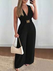 INAWLY 女士优雅 V 领金属扣腰带阔腿连体裤，度假装 - 黑色 - 查看 3