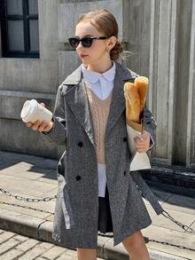 Tween Girls Fashionable Casual Loose Belted Double-Breasted Long Windbreaker, Suitable For Commuting Or Daily Wear In Autumn - Dark Grey - View 4