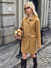 Teen Girl Plain Double-Breasted Casual Long Sleeve Jacket - Khaki - View 7
