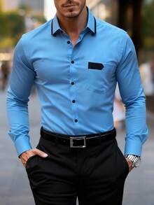 Manfinity Mode 男士商务拼色胸前带设计长袖衬衫 - 藍色 - 查看 7