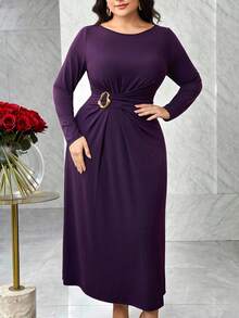 Modelyn Đầm suông tay dài cổ tròn màu trơn cỡ lớn cho nữ, eo kim loại, trang trí xếp nếp thanh lịch - Màu tím - Xem 3