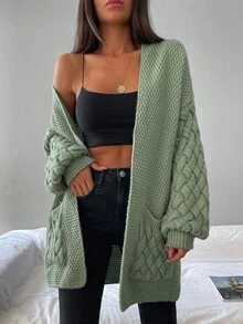 EURMUSE Dual Pocket Open Front Cardigan - Green - View 5