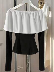 GlowEve Women's Elegant Chic High-End Sense Off-Shoulder Contrast Pleated A-Line Long Sleeve Blouse, Suitable For Graduation Party, Holiday Events, Vacation, Date, Autumn/Winter - Black - View 2