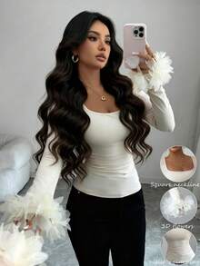 SHEIN Elenzya بلوزة نسائية مربعة الرقبة طويلة الأكمام مع تصميم جانبي مطوي، زخرفة أكمام بالأزهار، أنيقة للاستخدام اليومي والتنقل والموضة والشارع الفرنسي والفينتاج والحفلات والأعمال، باللون البيج، قميص داخلي للخريف/الشتاء - لون مشمشي - مشاهدة 1