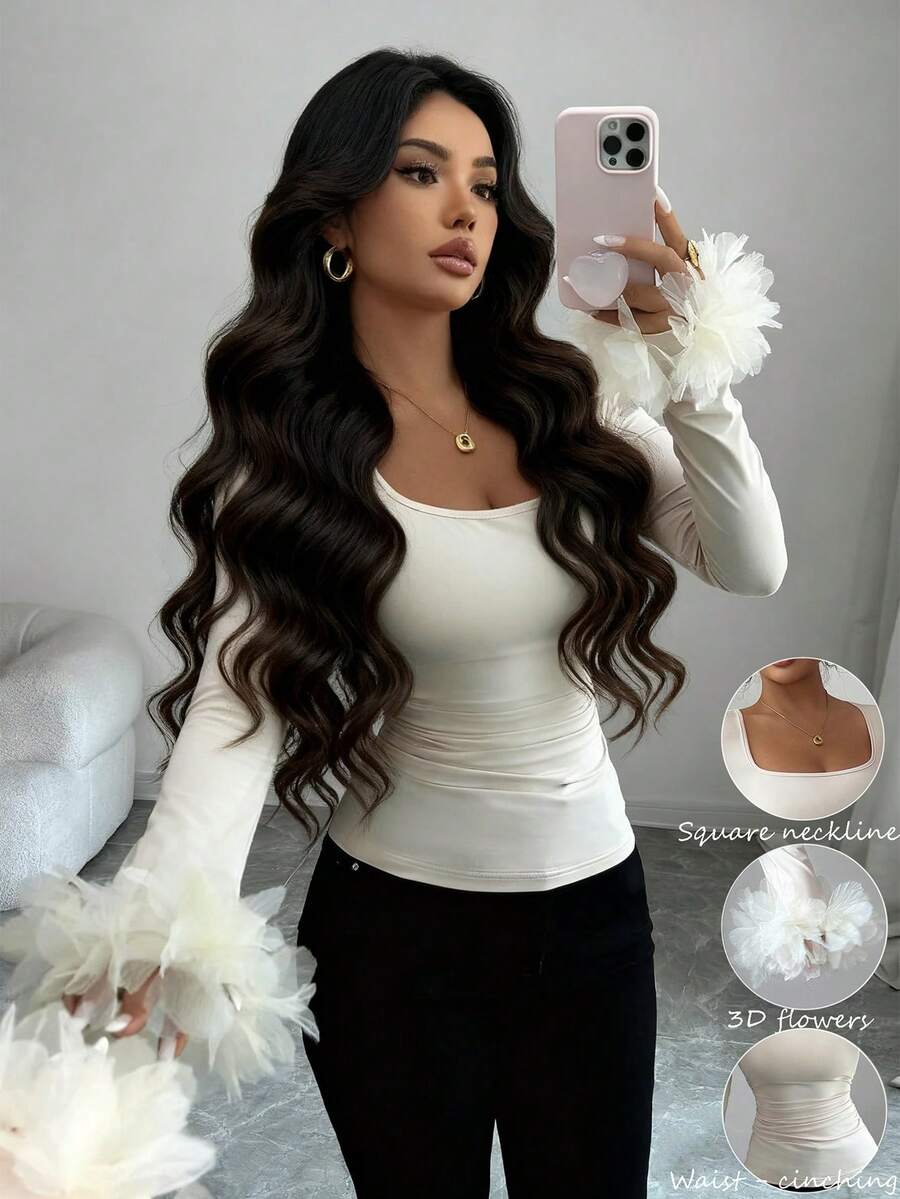 SHEIN Elenzya بلوزة نسائية مربعة الرقبة طويلة الأكمام مع تصميم جانبي مطوي، زخرفة أكمام بالأزهار، أنيقة للاستخدام اليومي والتنقل والموضة والشارع الفرنسي والفينتاج والحفلات والأعمال، باللون البيج، قميص داخلي للخريف/الشتاء - لون مشمشي - مشاهدة 1
