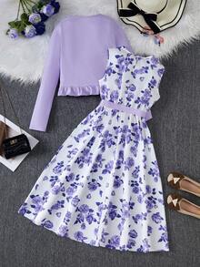 2 件套优雅少女开襟夹克和印花连衣裙套装，适合度假、夏季、旅行 - 淡紫色 - 查看 2