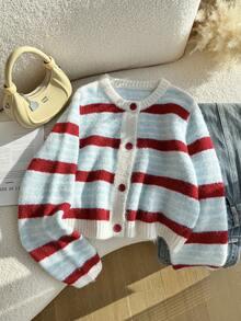 Resyla Plus Size Casual Colorblock Button-Up Crew Neck Cardigan, Autumn/Winter - Beige - View 1