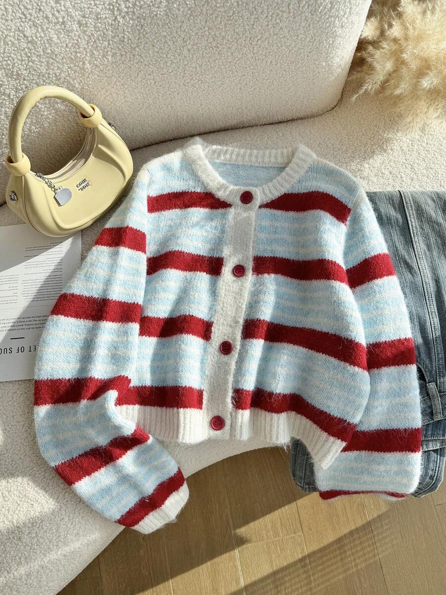 Resyla Plus Size Casual Colorblock Button-Up Crew Neck Cardigan, Autumn/Winter - Beige - View 1