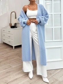 EURMUSE Plain Drop Shoulder Casual Long Cardigan, Perfect For Daily Outfits - Baby Blue - View 7