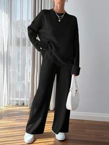 EURMUSE 女士纽扣细节毛衣和裤子套装 - 黑色 - 查看 2