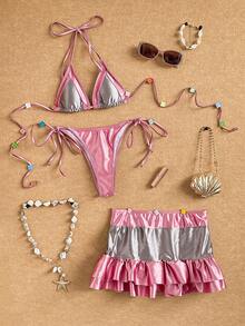 Bộ bikini tam giác hở lưng bèo nhún phối màu kèm chân váy đi biển mùa hè - Nhiều màu - Xem 1