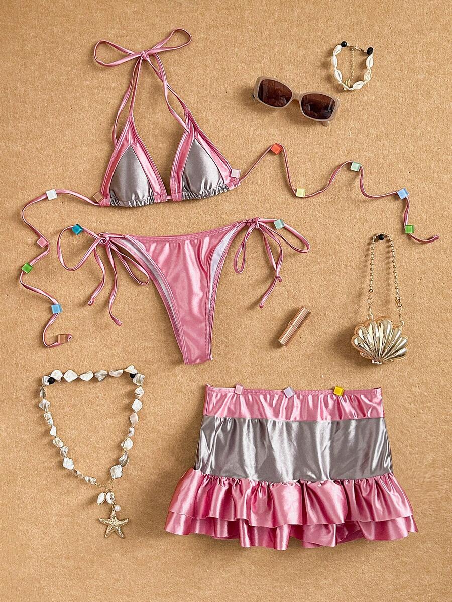 Bộ bikini tam giác hở lưng bèo nhún phối màu kèm chân váy đi biển mùa hè - Nhiều màu - Xem 1