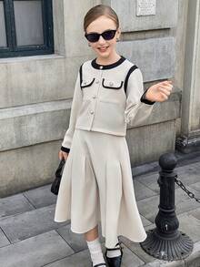 青少年女孩休闲通勤学院风撞色滚边翻盖口袋夹克和褶皱裙套装，春秋季 - 卡其色 - 查看 7