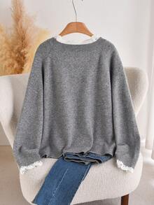 CosyJoli Plus Size Casual Lace Patchwork Embroidered Raglan Sleeve Pullover Sweater/Winter - Grey - View 2