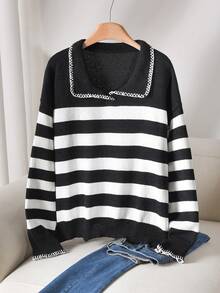 CosyJoli Suéter de punto minimalista con cuello vuelto, bloque de color y rayas en blanco y negro, de estilo francés elegante y casual, para mujeres de talla grande, ropa de otoño e invierno para mujeres