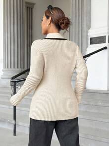 Calvaya Plus Size Women's Striped Long Sleeve Single-Breasted Casual Cardigan, Autumn/Winter Fall Cloth For Women - Apricot - View 2