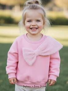 Cozy Pixies Baby Girl Plush Bow Decor Crew Neck Long Sleeve Pullover Sweatshirt, Versatile And Comfortable Autumn Winter Clothes For Women - Pink - View 9