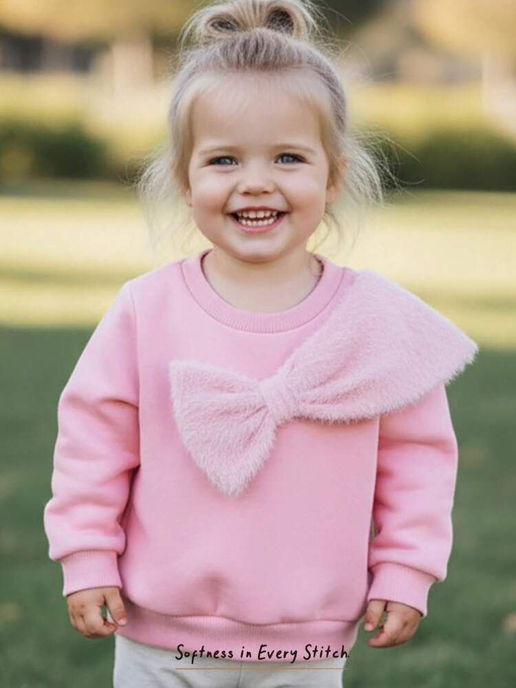 Cozy Pixies Babyflicka med plyschrosettdekor och rund halsringning, långärmad tröja, mångsidiga och bekväma höst- och vinterkläder för kvinnor - Rosa - Visa 9