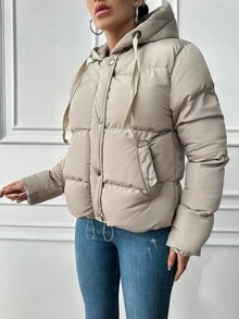 EURMUSE Zip Up Snap Button Drawstring Hooded Puffer Coat - Grey - View 4