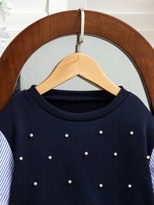 SHEIN 女童条纹印花仿珍珠装饰圆领长袖运动衫 - 藍色 - 查看 3