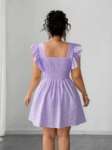 Elenzga Đầm suông tay phồng cổ vuông màu trơn cỡ lớn, eo nhún bèo sang trọng - Màu tím - Xem 2