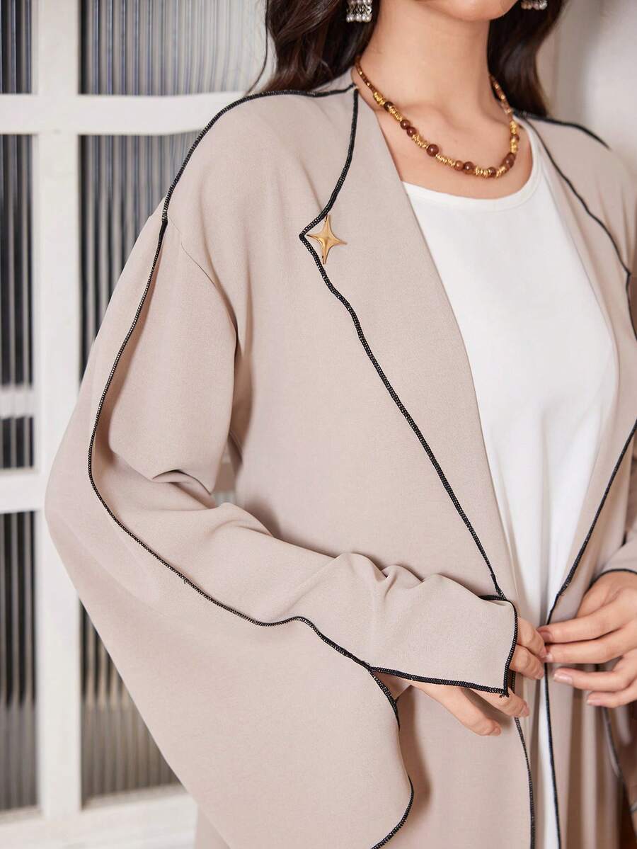 Al Najma 卡其色撞色翻领长袖金色装饰纽扣宽松休闲夹克，秋冬 - 卡其色 - 查看 1