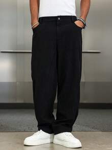 Manfinity EMRG Men's Solid Color Patch Pocket Corduroy Loose Casual Pants, Loose Straight Leg Casual Baggy Korean Pants, Winter