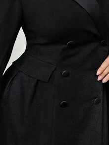 Modelyn 秋季大码女式纯色披肩领长袖口袋双排扣休闲夹克 - 黑色 - 查看 8