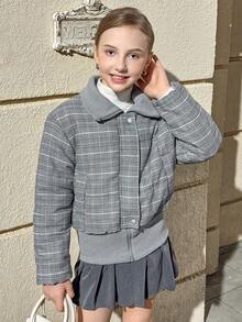 Girls' Retro Gray Oversized Collar Loose Short Padded Coat, Suitable For Daily Wear In Winter - Grey - View 3