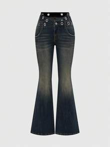 ROMWE Grunge Punk Y2K Retro Millennium Sexy Stern Tasche Nieten Taille Design Slim Fit Schlaghose Frauen Niedrige Taille Jeans - Blau - Übersicht 2