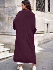 EURMUSE 女士纯色蝙蝠翼宽松休闲长款开衫 - 酒紅色 - 查看 2