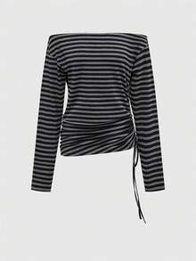 ROMWE J-Fashion Y2K Sexy Striped Bat Wing Ruffle Drawstring Off Shoulder Women's Suit - Black - View 4